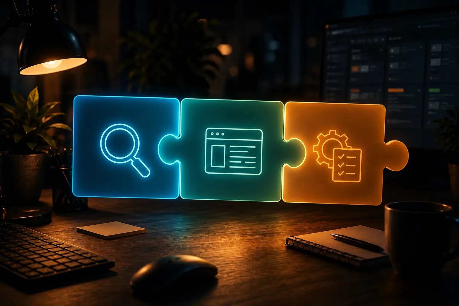 Drei Puzzleteile, die zusammengefuegt werden - Sichtbarkeit, Website und Systeme